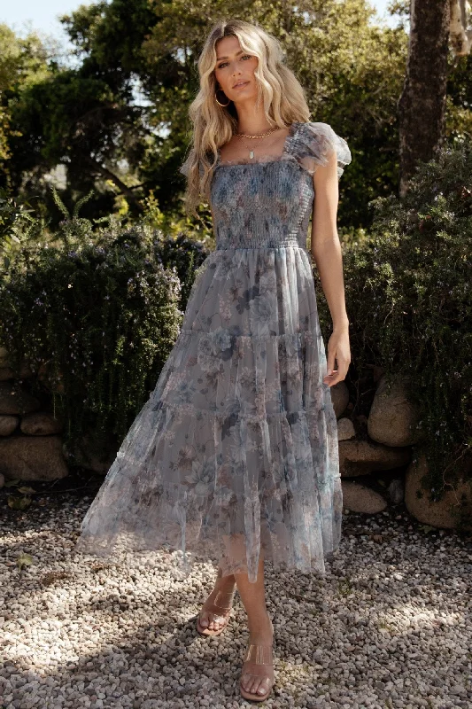 Stylish Women's Garments For Holidays Clementine Tulle Midi Dress | Dusty Blue Floral