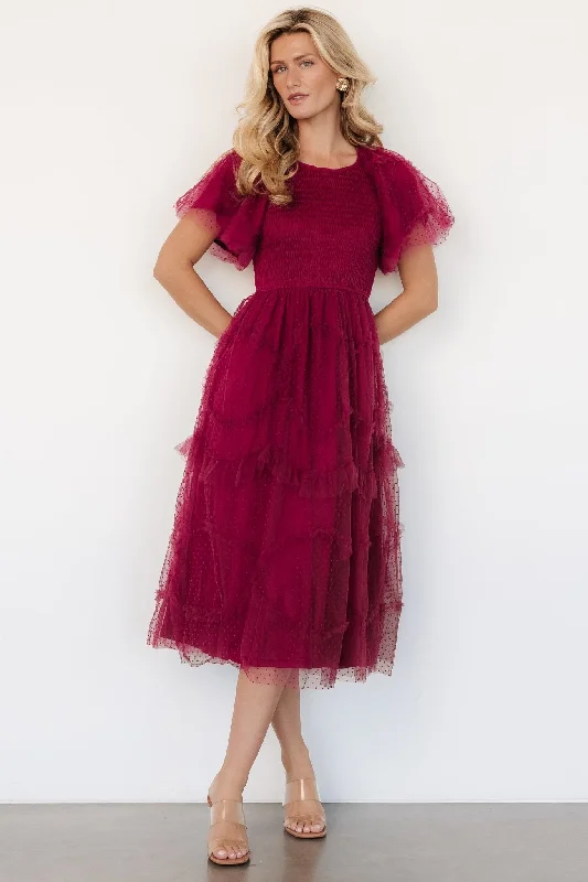 Women's Elegant Formal Outfit Ambrose Dotted Tulle Midi Dress | Burgundy