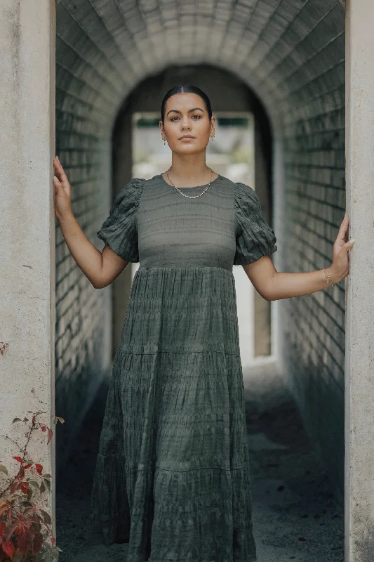 Chic And Edgy Graceful Khaki Shirred Cotton Bubble Sleeve Tiered Maxi Dress