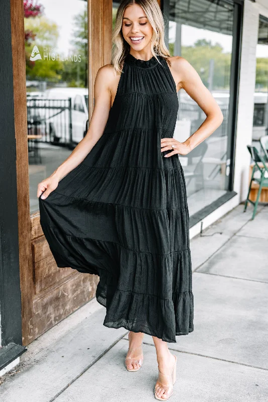 High-Fashion Women's Clothing Come To Me Black Tiered Midi Dress