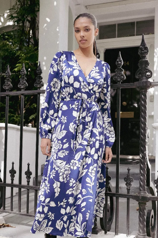 Women's Office Clothing Resonance Blue Floral Satin LS Wrap Maxi Dress