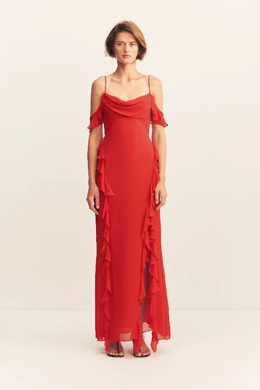 Women's Luxury Garments AMINA RUFFLE COWL MAXI DRESS - CHILLI