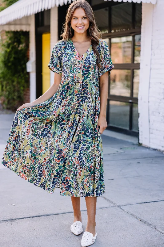 Stylish Clothes For Women Just You Wait Moss Green Floral Midi Dress