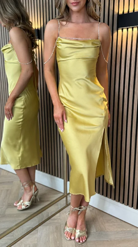 Women's Luxury Garments Paris Yellow Satin Slip Midi Dress