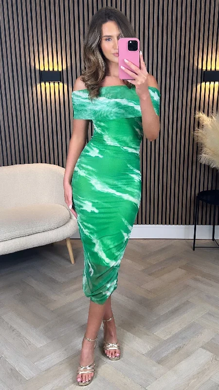 Stupidly Low Prices Alice Green Tie Dye Off Shoulder Ruched Midi Dress