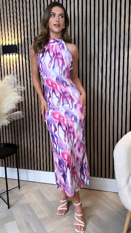 Season Offer Celeste Lilac Printed Halterneck Midi Dress