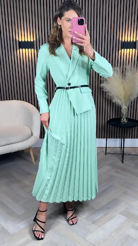 Bid Farewell To The Old Season Larissa Light Green Blazer Top Pleated Midi Dress