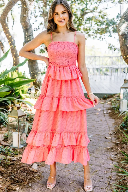 Bold Style Discounts Got It All Bright Coral Pink Ruffled Midi Dress