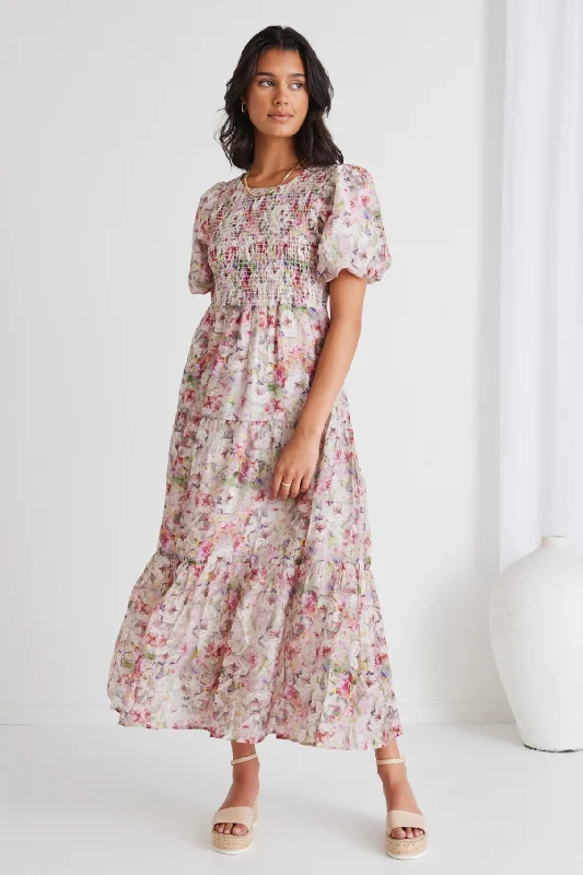 Formal Garments For Women Milano Monet Floral Puff Sleeve Tiered Maxi Dress