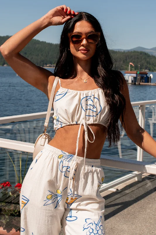 Huge Discounts This Week Drinks On The Patio Printed Drawstring Crop Top (Cream)