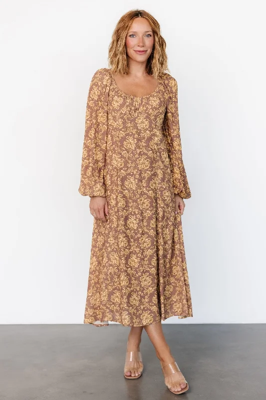 Women's Vacation Outfit McKinney Dress | Brown + Gold Floral