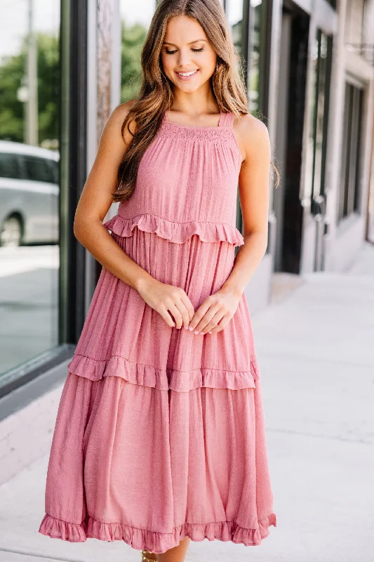 Women's Comfortable Lounge Garments Celebrate Yourself Terracotta Pink Ruffled Midi Dress