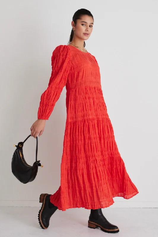 Insane Discount Onslaught Gigi Blood Orange Shirred Cotton Ls Tiered Maxi Dress