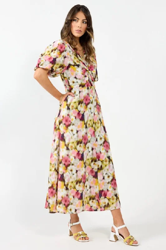 Women's High-Fashion Garments Halo Pink Monet Puff Sleeve Maxi Dress