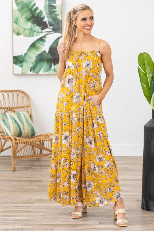 Women's Sports Apparel Mustard Floral Print Maxi Dress