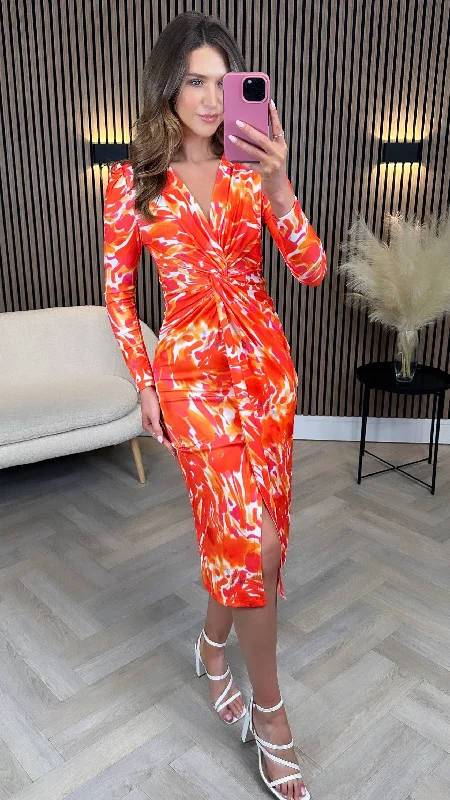 Women's Trendy Outfit Alisha Orange Printed Knot Detail Midi Dress