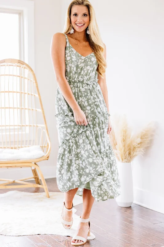 New Season Fashion Preview Sale Listen To Your Heart Sage Green Ditsy Floral Midi Dress