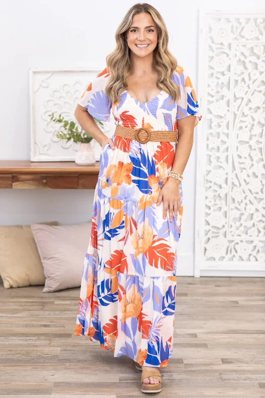 Women's Elegant Garments Blue and Orange Palm Tree Print Maxi Dress