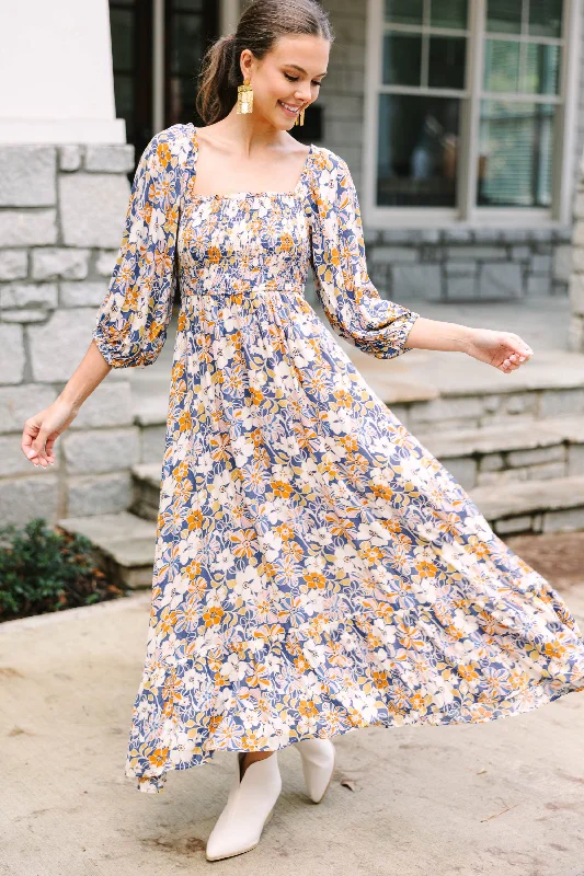 Affordable Luxury Women's Garments Feeling Connected Blue Floral Midi Dress