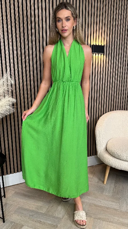 Women's Holiday Clothes Florie Green Halterneck Tie Detail Midi Dress