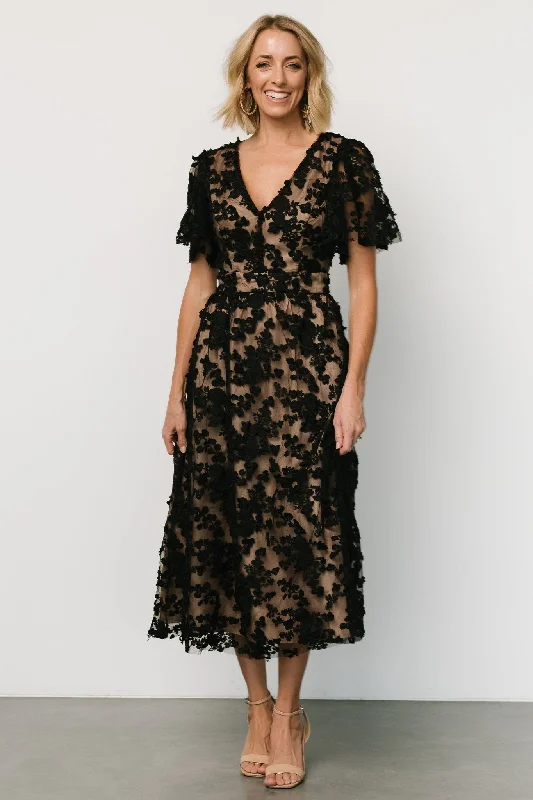 Stylish Women's Outfit Sadie Embroidered Midi Dress | Black + Nude