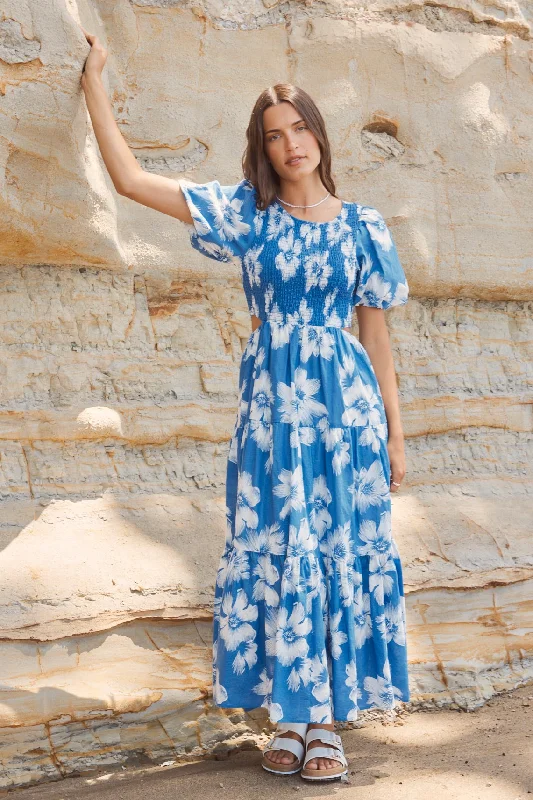 Special Offers Milano Blue Hibiscus Bubble Sleeve Tiered Maxi Dress