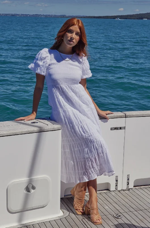 Women's Clothing For Everyday Wear Graceful White Shirred Cotton Bubble Sleeve Tiered Maxi Dress