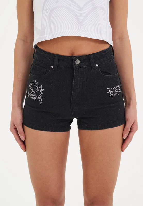 Women's Evening Outfit Womens Triple Heart Denim Jorts Shorts - Black