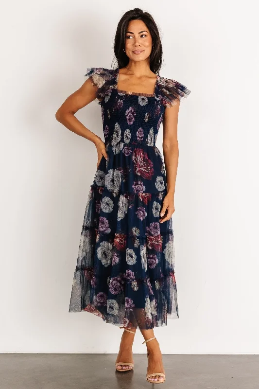 Charming Women's Clothes For Special Events Clementine Tulle Midi Dress | Navy Floral