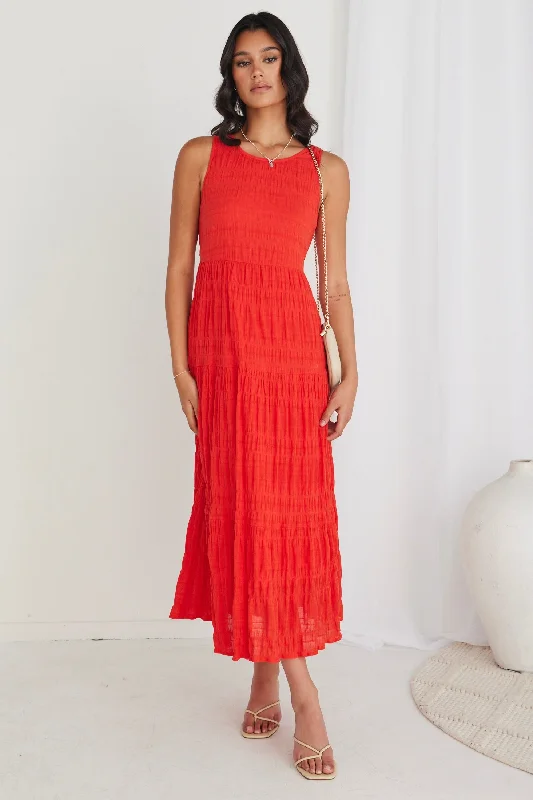 Contemporary Chic Promotions Florentena Sunset Shirred Cotton Sleeveless Tiered Maxi Dress