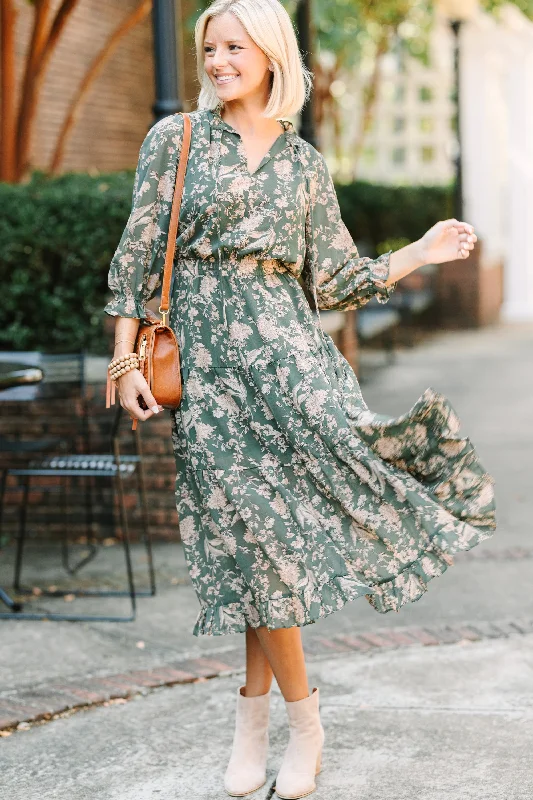 Style Revolution Pinch: Class Act Dark Olive Green Floral Mid Dress