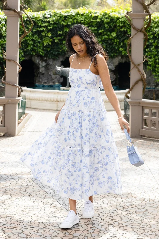 Women's Stylish Professional Apparel Universe Blue Floral Tie Back Tiered Strappy Maxi Dress