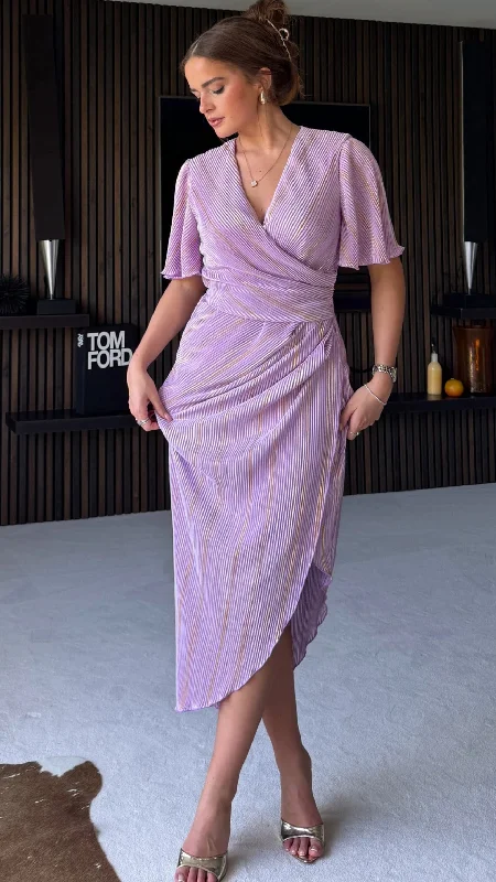 Smart Casual Deals Natalie Lilac Metallic Angel Sleeve Wrap Midi Dress