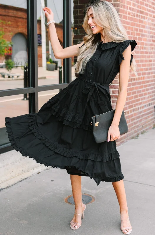 Affordable Women's Clothes On The Verge Black Ruffled Midi Dress