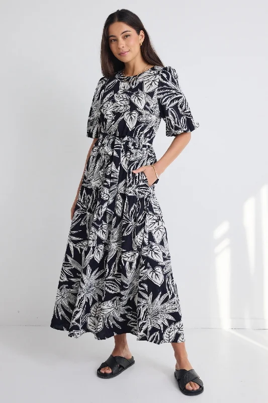 Premium Style Offers Floreana Black Leaf SS Elastic Waist Maxi Dress