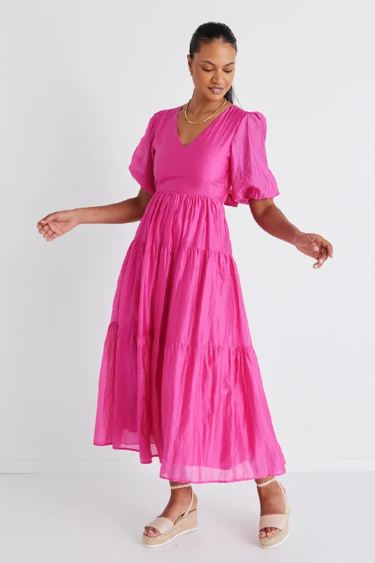 Glamorous Fashion Offers Musical Hot Pink Tie Back Puff Sleeve Maxi Dress