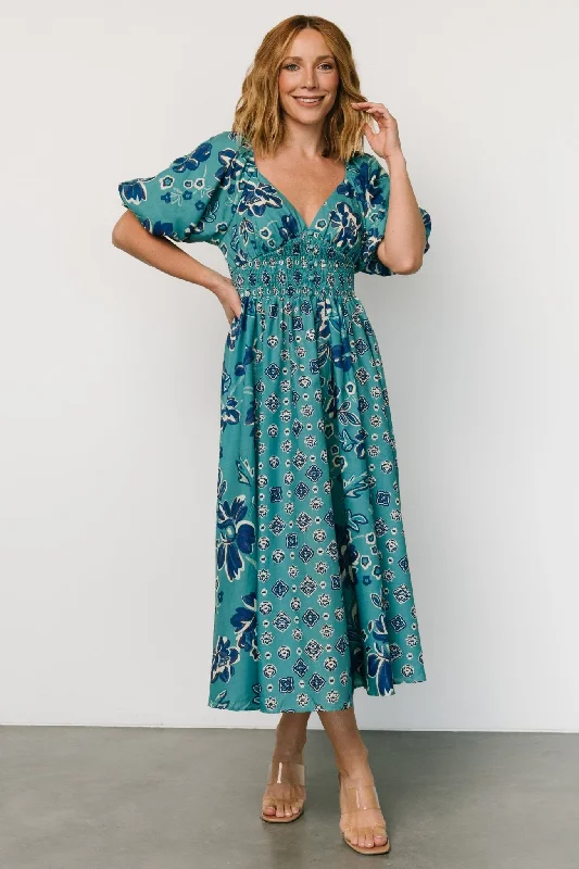 Women's Cozy Winter Attire Elyse Midi Dress | Teal + Blue Multi