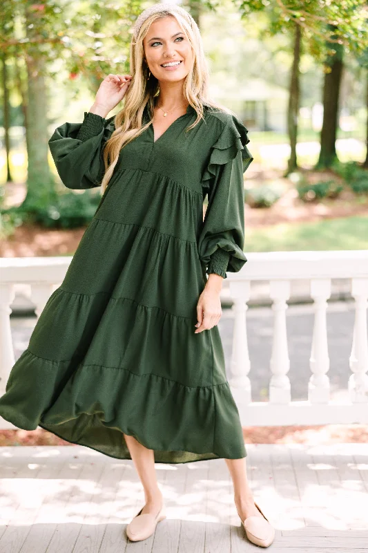 Women's Holiday Apparel Feeling The Fun Olive Green Ruffled Midi Dress