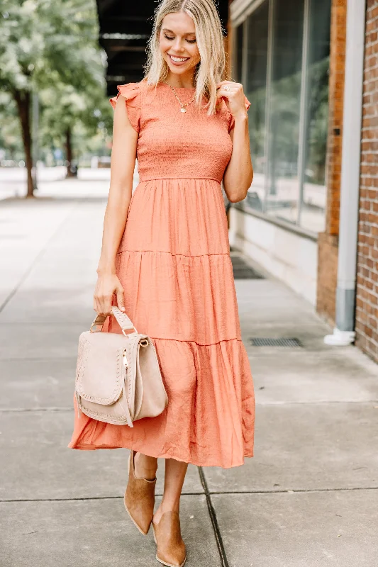 Exclusive Deals Online Learn To Love Sienna Orange Smocked Midi Dress