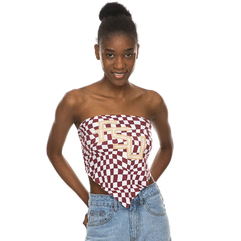 Women's Floral Print Outfit ZooZatz's Women's Stacked FSU Wavy Check Design Bandana Tie Back Top - Garnet/White