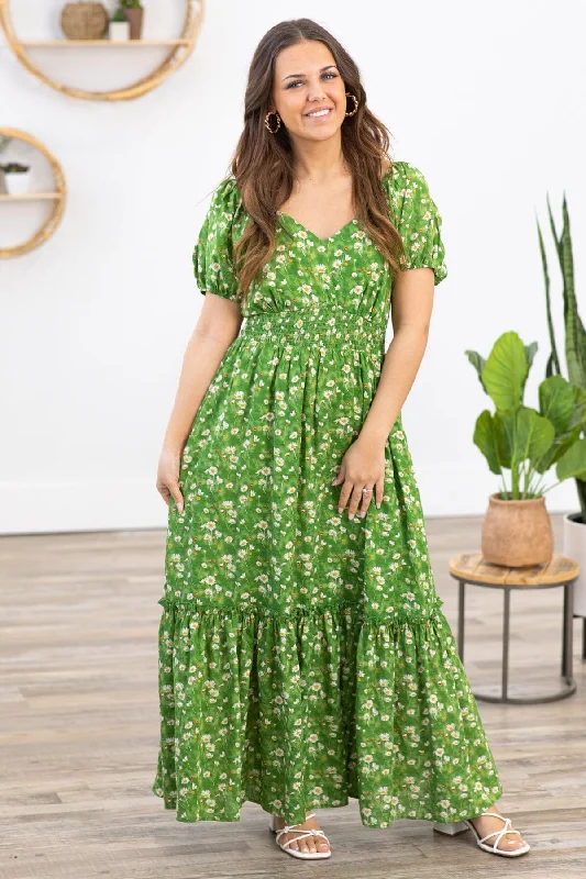 Women's Outerwear Apparel Green Multicolor Floral Puff Sleeve Maxi Dress