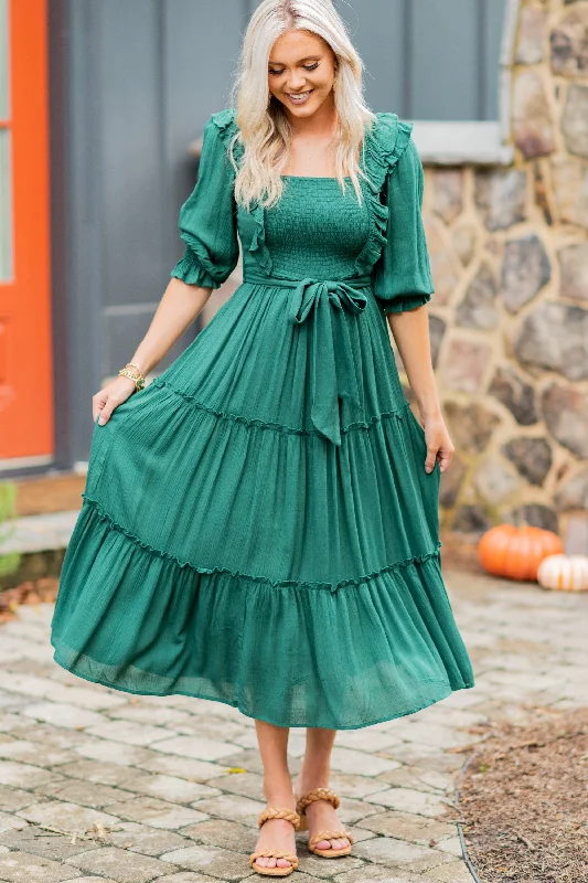 Women's Stylish Professional Garments Feel Your Love Hunter Green Ruffled Midi Dress