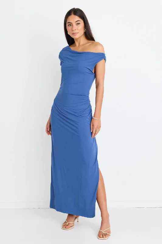 Casual Garments For Women Magic Mid Blue Jersey Off Shoulder Maxi Dress