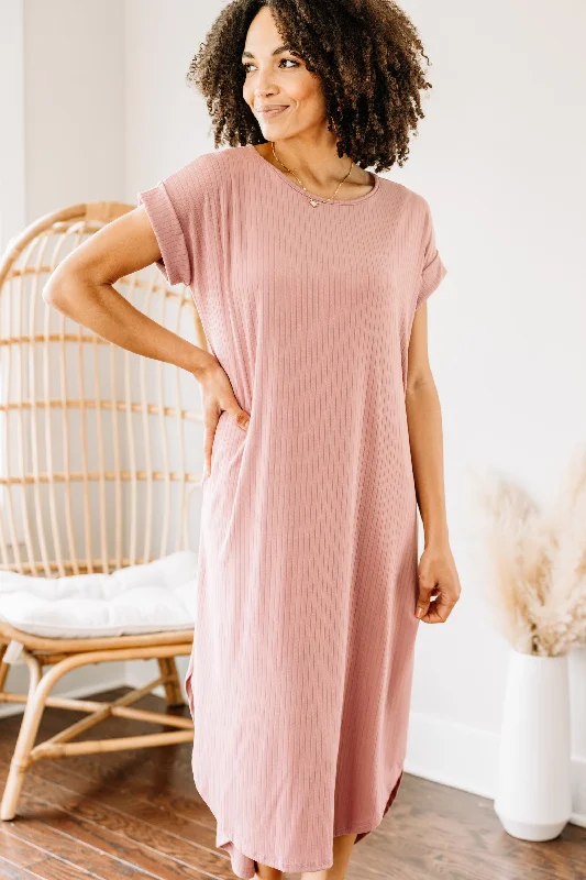 Sustainable Women's Apparel It's All Here Mauve Pink Ribbed Midi Dress