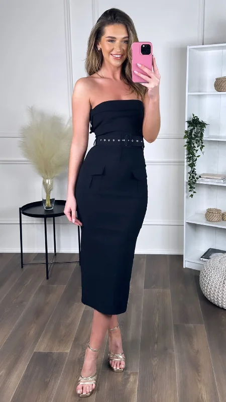 Women's Date Night Outfit Nico Black Stretch Cotton Strapless Belted Bodycon Midi Dress