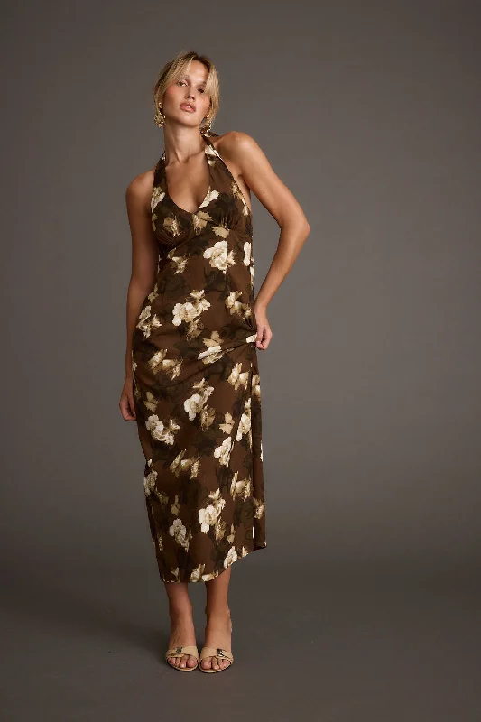 Modern Women's Clothes Audrina Brown Floral Halter Maxi Dress