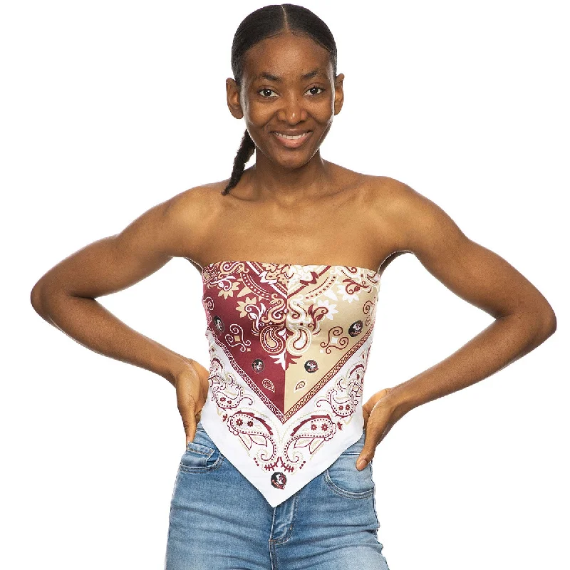 Women's Active Outfit For Fitness ZooZatz's Women's Seminole Logo Paisley Design Bandana Tie Back Top - Garnet/Gold/White