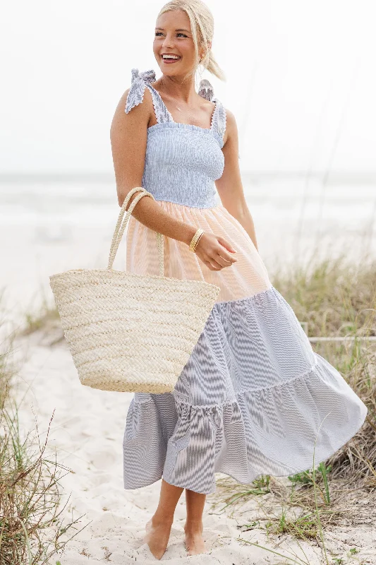 Discount Extravaganza Love You Dearly Chambray Blue Colorblock Maxi Dress