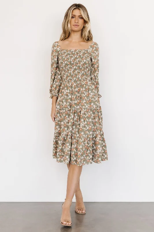 Stay Ahead In Style Marta Smocked Midi Dress | Dusty Olive Floral