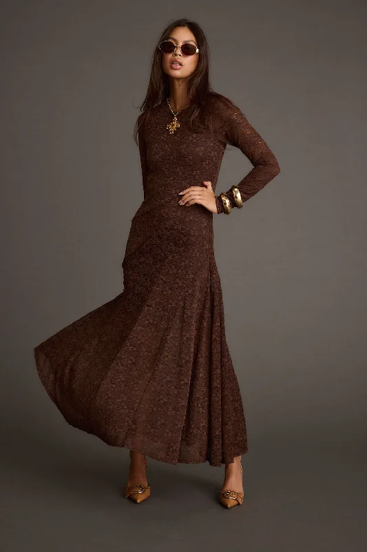 Women's Chic Outfit Tierra Brown Lace Long Sleeve Maxi Dress